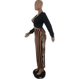 Elegant V Neck Long Sleeve Pattern Crop Top Striped Tassel Design Skirt Two Pieces Set