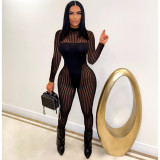 Red Women's Mesh Striped Long Sleeve Sexy See Through Jumpsuit