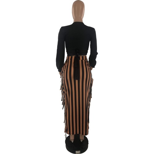 Elegant V Neck Long Sleeve Pattern Crop Top Striped Tassel Design Skirt Two Pieces Set