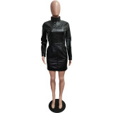 Solid Color Faux Leather Turtleneck Long Sleeve Mini Dresses