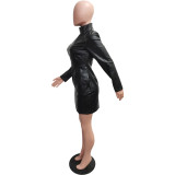 Solid Color Faux Leather Turtleneck Long Sleeve Mini Dresses