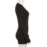 Solid Color Low Neck Long Sleeve High Waist V Neck Short Jumpsuit