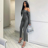 Sexy Slanted Shoulders Long Sleeve Top and High Waisted Casual Trousers