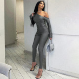 Sexy Slanted Shoulders Long Sleeve Top and High Waisted Casual Trousers