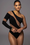 Sexy Women Bodysuits Mesh Patchwork One Shoulder Rompers