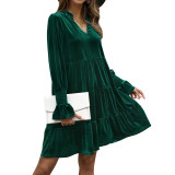 Solid Color Long Sleeve V Neck Velvet Dress