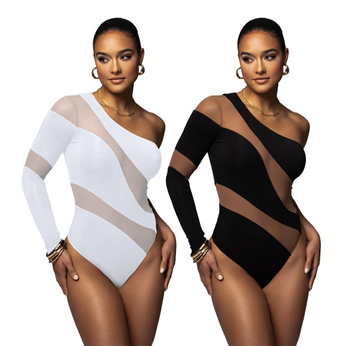 Sexy Women Bodysuits Mesh Patchwork One Shoulder Rompers