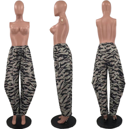 Casual Camouflage Print Wide Leg Pants