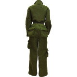Woolen Fleece Solid 2 Piece Zipper Short Jackets +High Waist Cargo Pants