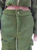Woolen Fleece Solid 2 Piece Zipper Short Jackets +High Waist Cargo Pants