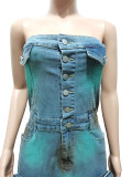 Sexy Casual Patchwork Buttons Backless Slit Strapless Skinny Denim Dresses