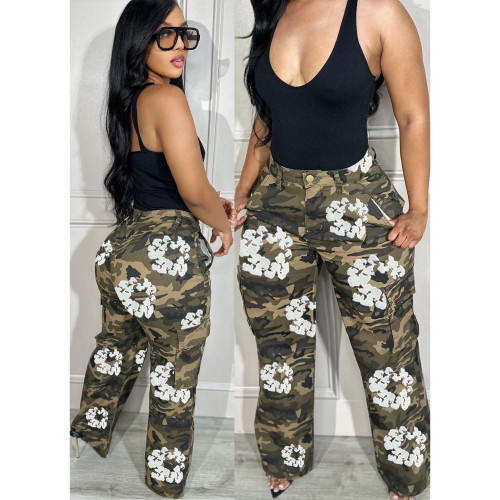 Female Streetwear Bottoms 2024 Spring Print Camouflage Cargo Pants