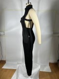 Solid Color Zipper Button Up Sleeveless Jumpsuit With 4 Pockets