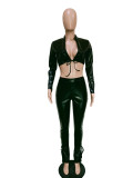 Women Two Piece PU Leather Bandage Long Sleeve Tie Front Crop Top & Pants Set