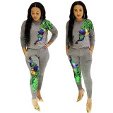 Fashion Peacock Sequin Splicing Two Piece Trousers Set with Pockets