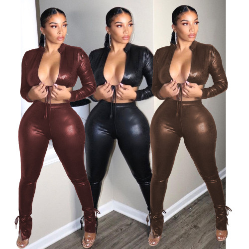 Women Two Piece PU Leather Bandage Long Sleeve Tie Front Crop Top & Pants Set
