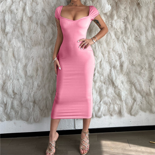 Hot Fashion Summer Dress Solid Color Ribbed Woman Dress
