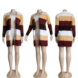 Women's Casual Cardigan Long Knitting Striped Sweater Jacket with Pockets