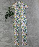 Fashion Printed Floral Element Short Sleeve Zipper One Piece Jumpsuit