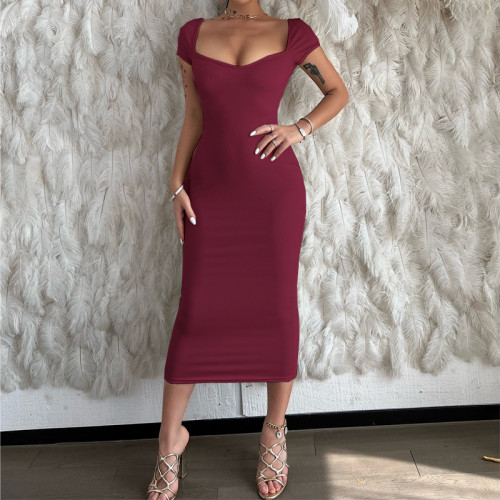 Hot Fashion Summer Dress Solid Color Ribbed Woman Dress