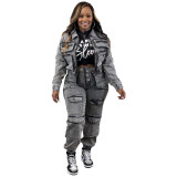 Fashion High-elastic Washed Denim Casual Two Piece Set with Multi-pocket