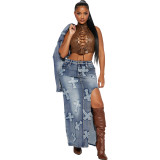Sexy High-elastic Embroidered Washed Denim Skirt Two Piece Set