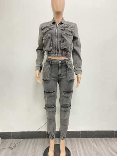 Fashion High-elastic Washed Denim Casual Two Piece Set with Multi-pocket