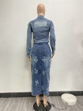 Sexy High-elastic Embroidered Washed Denim Skirt Two Piece Set