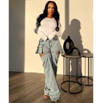Unique Streetwear Sexy Pants Blue Sky Hollow Out Hole Denim Jeans