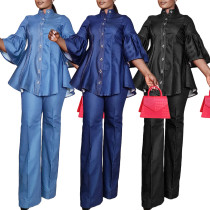 Flounce Sleeve Peplum Top & Pants Set