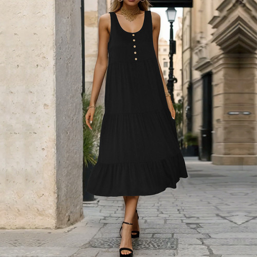 Black 2023 Summer Casual V Neck Sleeveless Loose Elegant Mid Dress