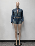 Casual Stretch Denim Zipper Long Sleeve Tops and Shorts Set
