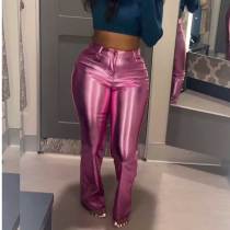 Casual Metallic Trumpet Leather Long Pants