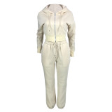 Solid Color Stitching Threaded Hooded Zipper Jacket & Trousers with Pockets