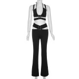 Black Deep V Cut Halter Crop Top And Trousers Two Piece