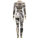 Sexy Mesh See Through Printed High Waist Casual Trousers Sets