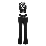 Black Deep V Cut Halter Crop Top And Trousers Two Piece