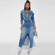 Solid Single-breasted Lapel Denim Maxi Dress