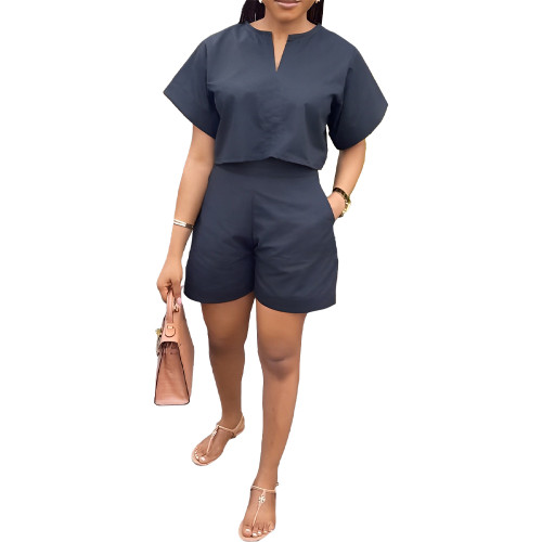 Summer Casual Solid Shirt Shorts Two Piece Set Women