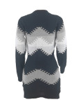 Women Autumn O Neck Long Sleeve Color Block Bodycon Warm Mini Sweater Dress