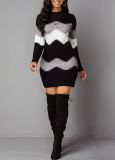 Women Autumn O Neck Long Sleeve Color Block Bodycon Warm Mini Sweater Dress