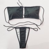 Solid Color Straps Pleated Split Swimsuit Bikini