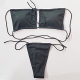 Solid Color Straps Pleated Split Swimsuit Bikini