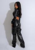 Solid Color PU Leather Zipper High Neck Tops Flap Pocket Straight Leg Pants
