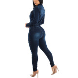 Slim Elastic Tight Ripped Washed Long Sleeve Denim Jumpsuit