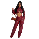 Solid Color PU Leather Zipper High Neck Tops Flap Pocket Straight Leg Pants