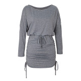Women's Long Sleeve Ruched Round Neck Dolman Sleeve Drawstring Dresses