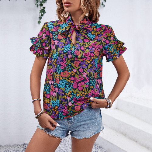 Allover Floral Print Puff Sleeve Frill Neck Blouse