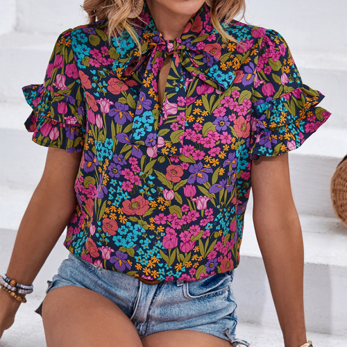 Allover Floral Print Puff Sleeve Frill Neck Blouse
