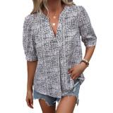 All-over Printed Notched V-neck Shirt